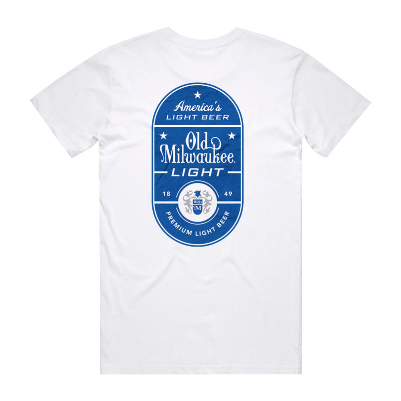 back of white t-shirt with "America's Light Beer Old Milwaukee Light & Eagle Crest Design