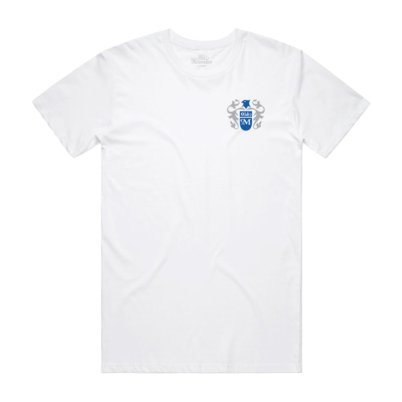 front of white t-shirt with Old Milwaukee Eagle Crest on the left chest
