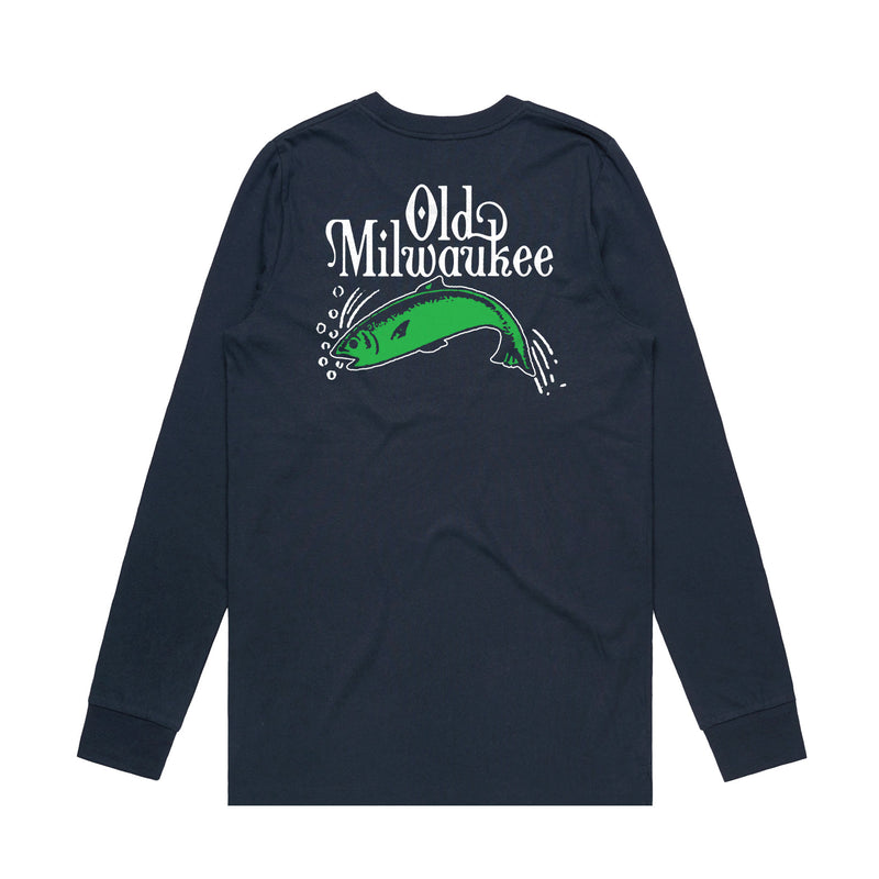 back of navy long sleeve t-shirt with Old Milwaukee green trout on it.