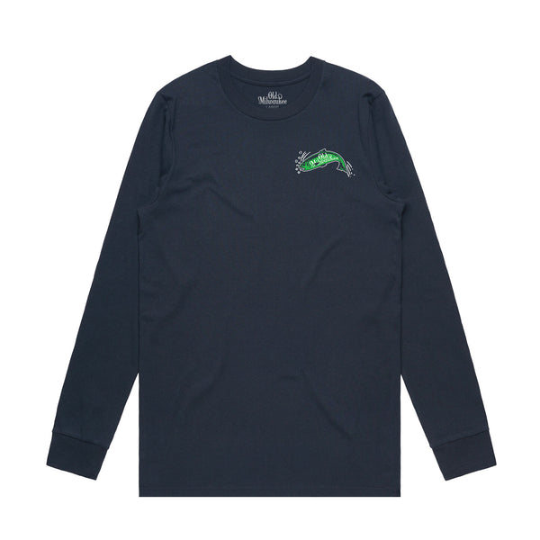 front of navy long sleeve t-shirt with green trout on the left chest