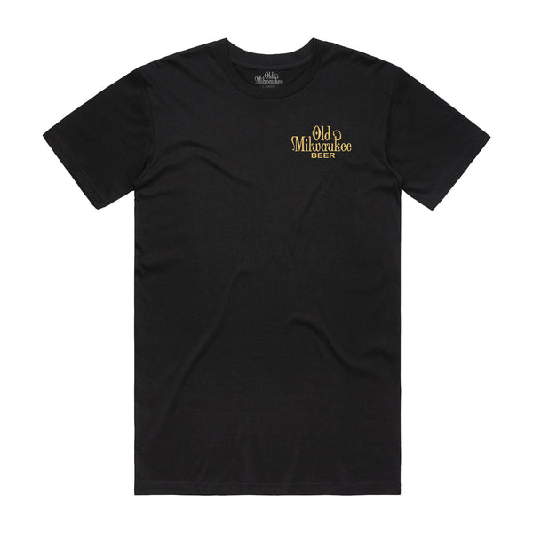 Front of black t-shirt with Old Milwaukee Beer on the left chest