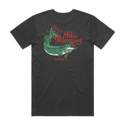 back of black t-shirt with Old Milwaukee Beer, green fish & Milwaukee WI on it.