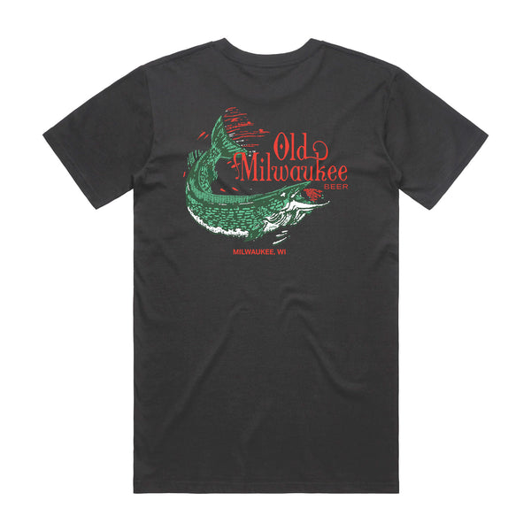 back of black t-shirt with Old Milwaukee Beer, green fish & Milwaukee WI on it.