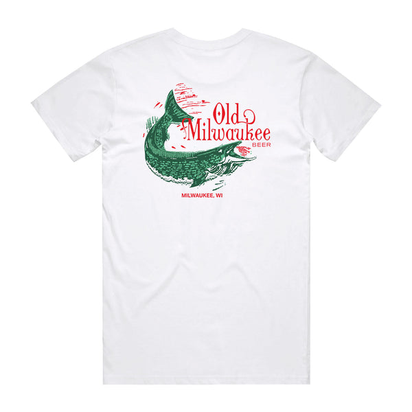 back of white t-shirt with Old Milwaukee, green fish & Milwaukee WI on it.