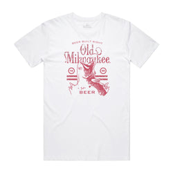 front of white t-shirt with "beer built right Old Milwaukee" and fish