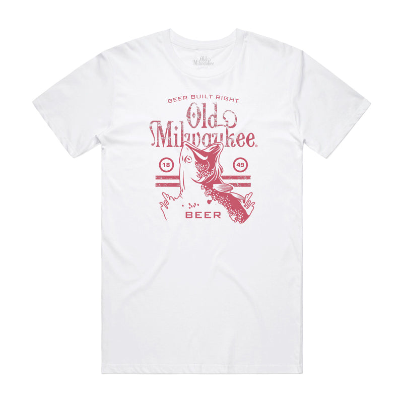 front of white t-shirt with "beer built right Old Milwaukee" and fish