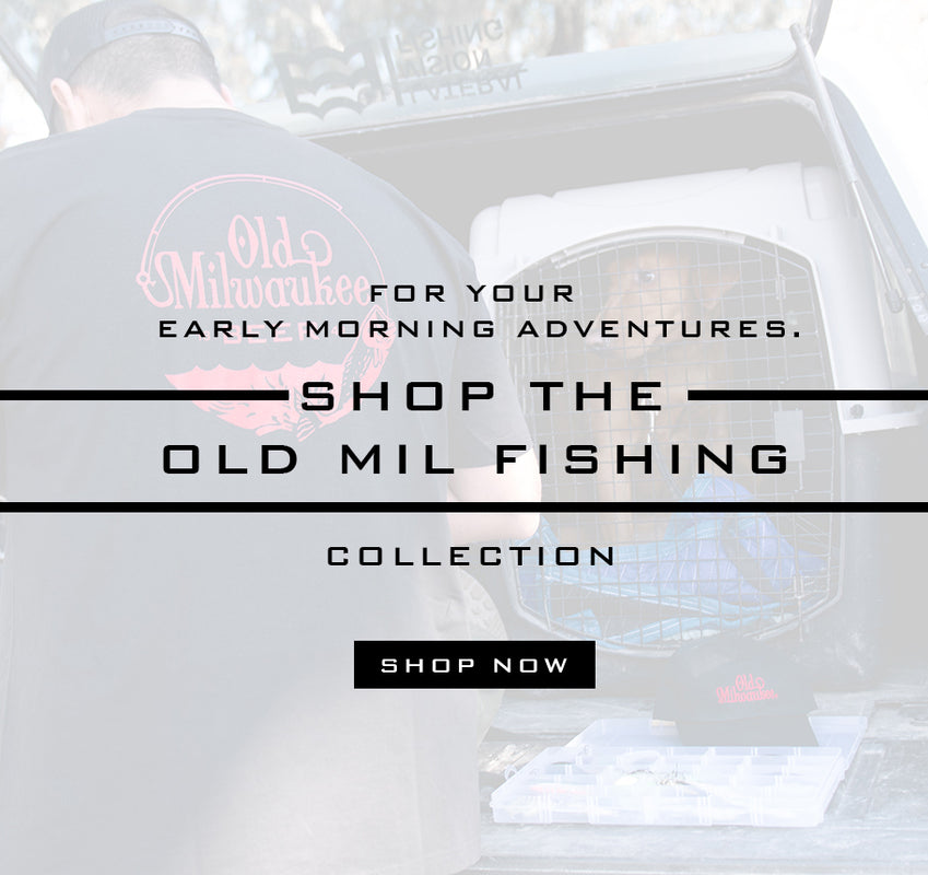 "shop the old mil fishing collection" over white tint background of man and back of his car 