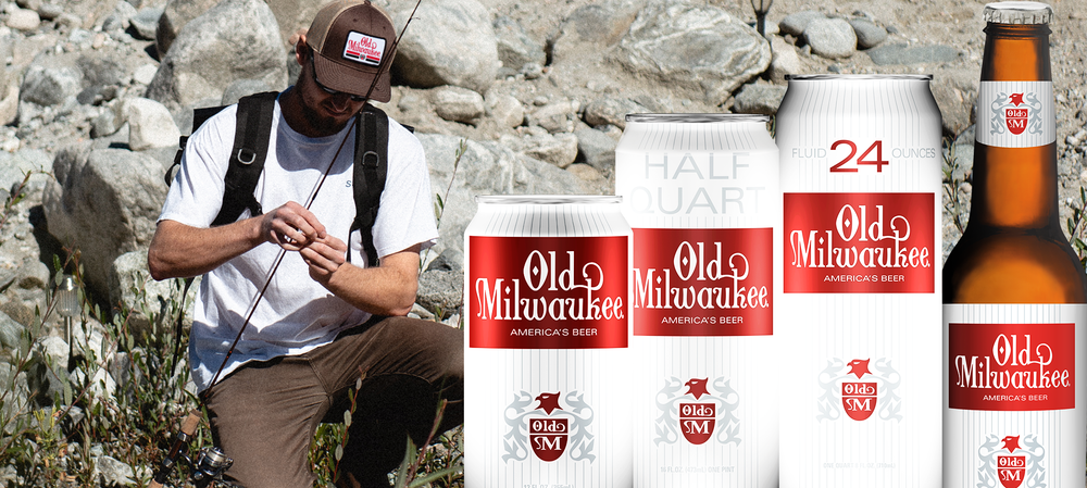 different cans/glass of old milwaukee beer over man putting bait on his fishing line picture