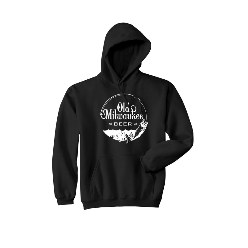 front of black hoodie with "old milwaukee beer" above ocean and fish