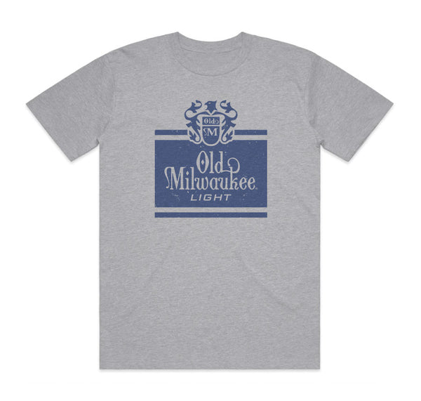 front of gray t-shirt with "old milwaukee light" and eagle crest