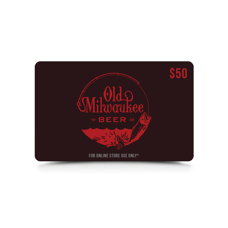 maroon gift card with "$50" in top corner with "old milwaukee beer" and ocean with fish in center