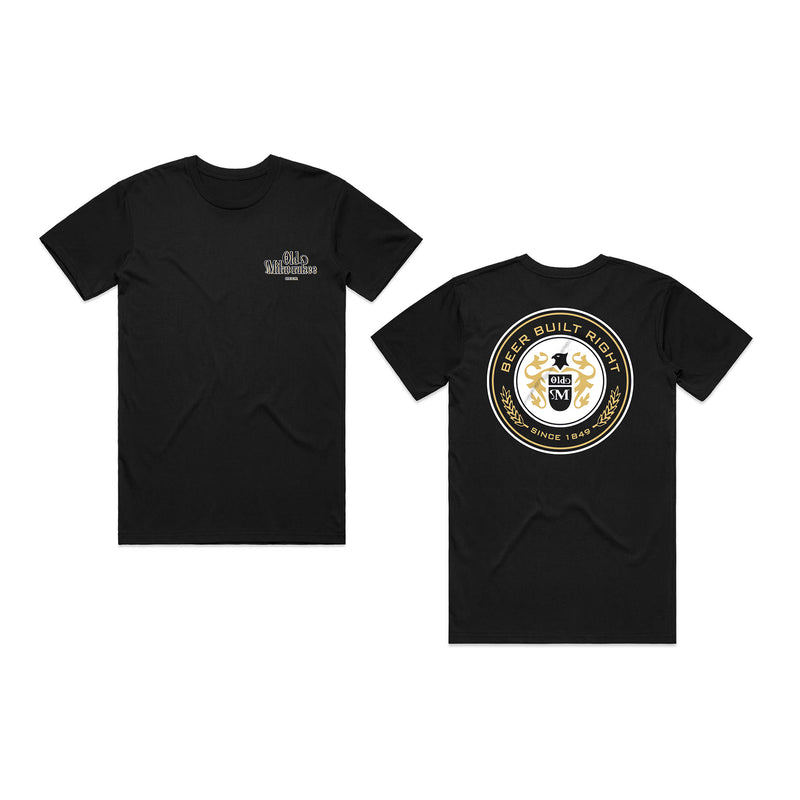 front and back of black t-shirt with eagle crest and "beer built right since 1849" bordering it 