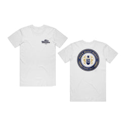 front and back of white t-shirt with eagle crest and "beer built right since 1849" bordering it