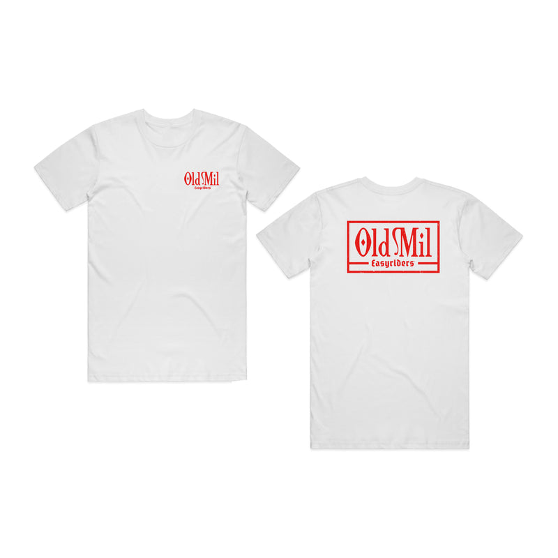 front and back of white t-shirt with "old mil easyriders" on it