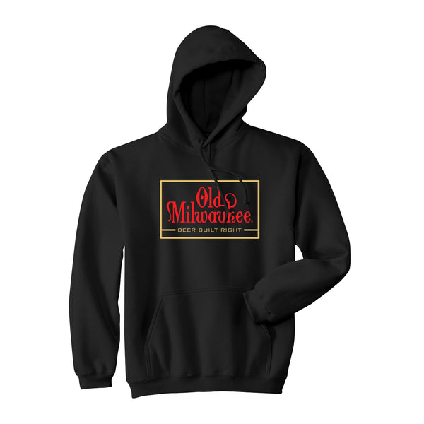 front of black hoodie with "old milwaukee beer built right" in the center 