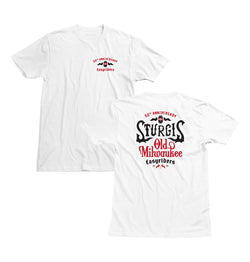 front and back of white t-shirt with "50th anniversary srurgis old milwaukee easyriders" on it