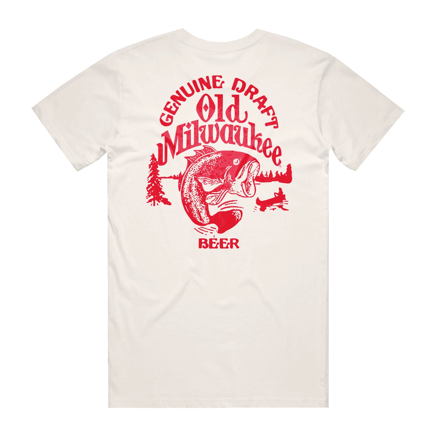 White shirt with open mouth bass fish on it in red ink. The shirt says Genuine Draft  Beer and Old Milwaukee.