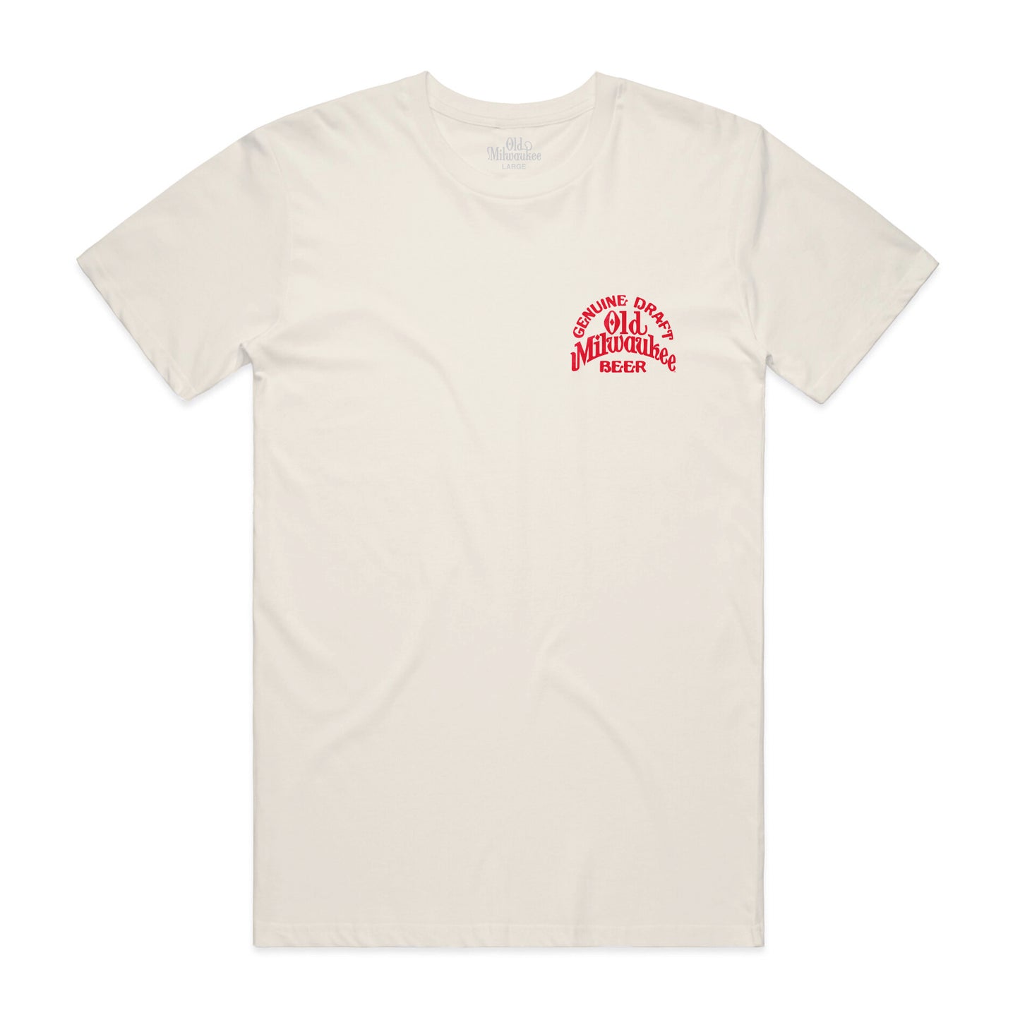 White shirt with the words Genuine Draft and Old Milwaukee underneath in red ink.