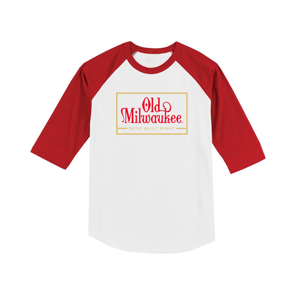white/red raglan with "old milwaukee beer built right" in center