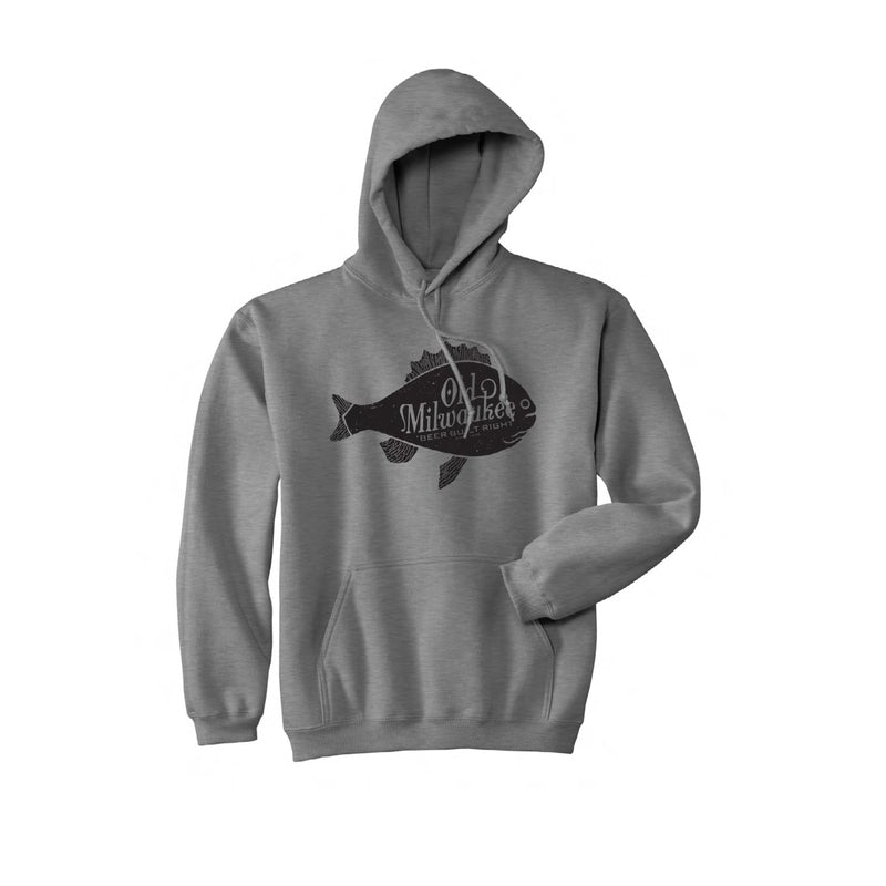 charcoal hoodie with "old milwaukee beer built right" on fish design