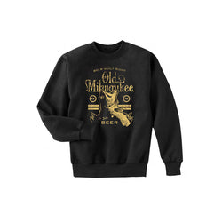 front of black crewneck with "beer built right old milwaukee" and fish