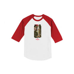 white/red raglan with hand holding fish by mouth picture