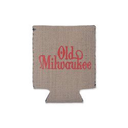 burlap koozie with "old milwaukee" in red
